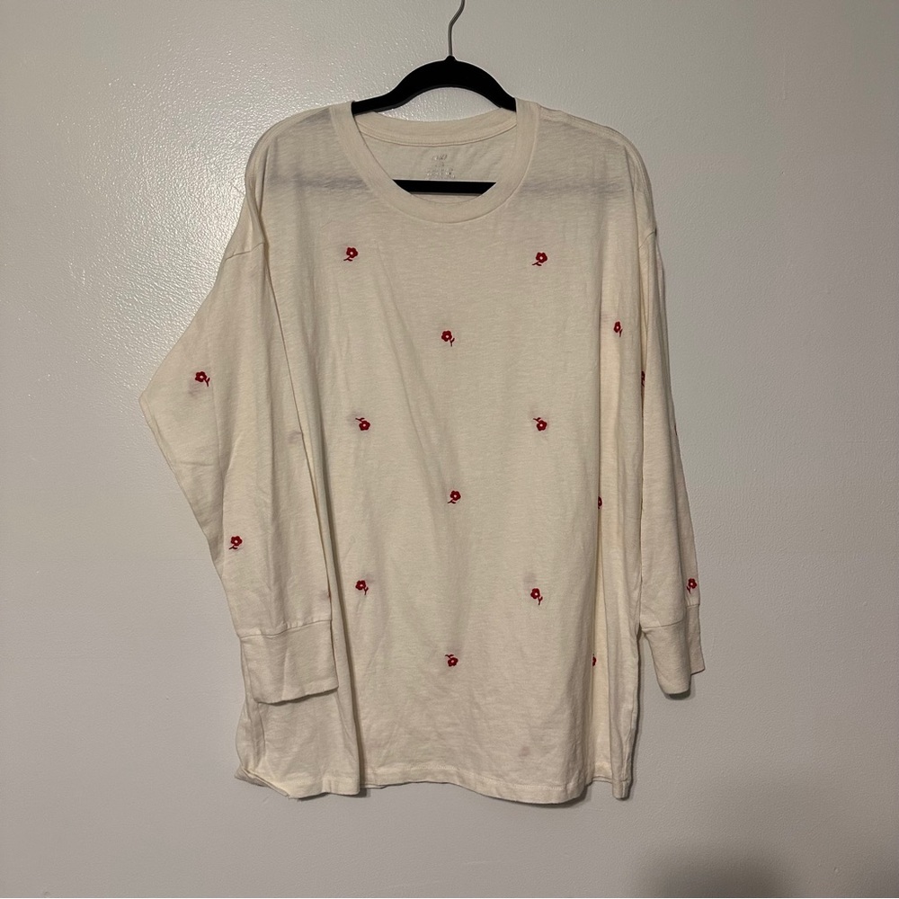 Aerie Embroidered Oversized Long Sleeve Tee Shirt Top size Large White Red NWT